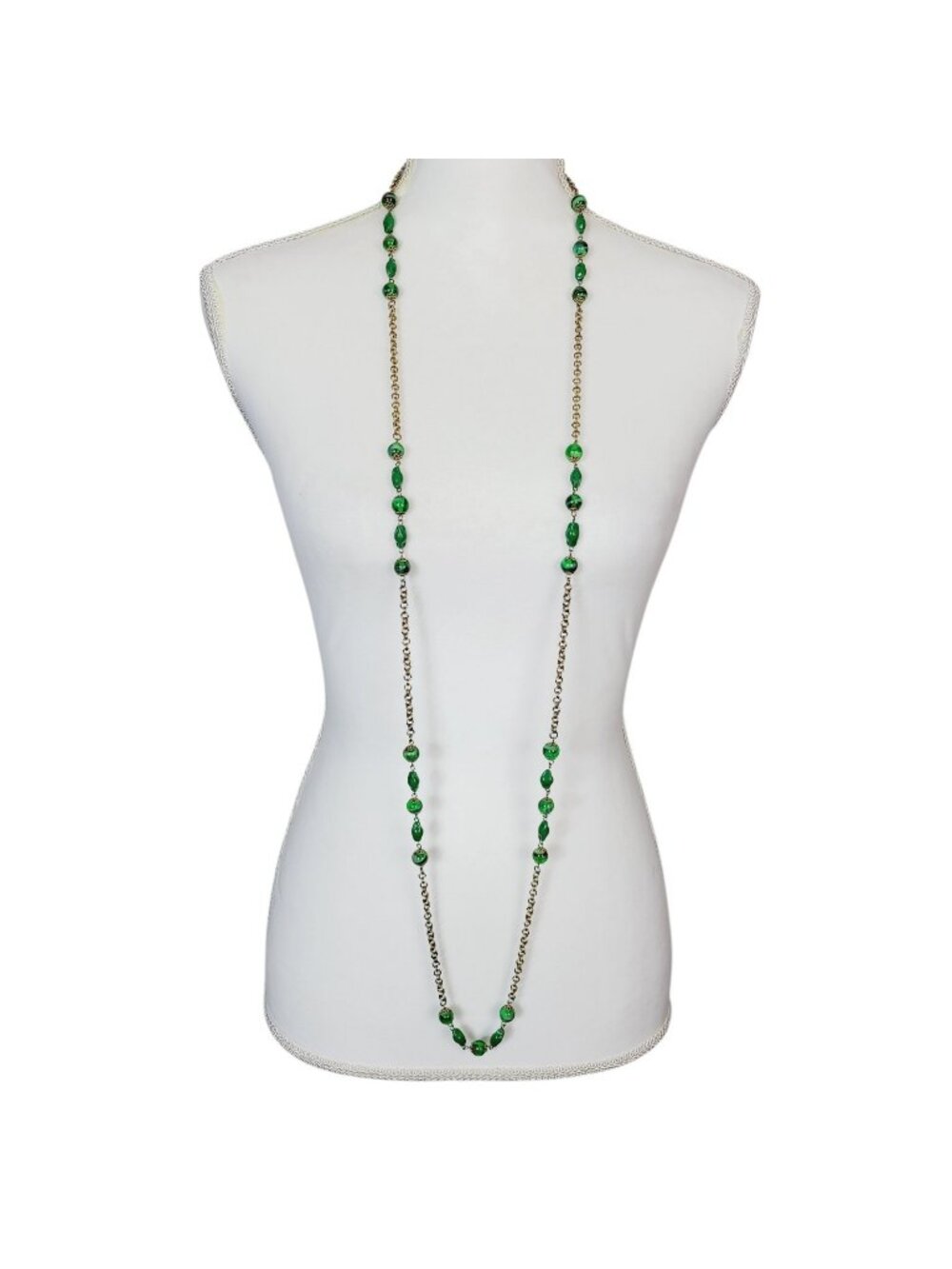 Vintage Green Art Glass Beaded 54" Necklace Double Rolo Chain Gold Tone